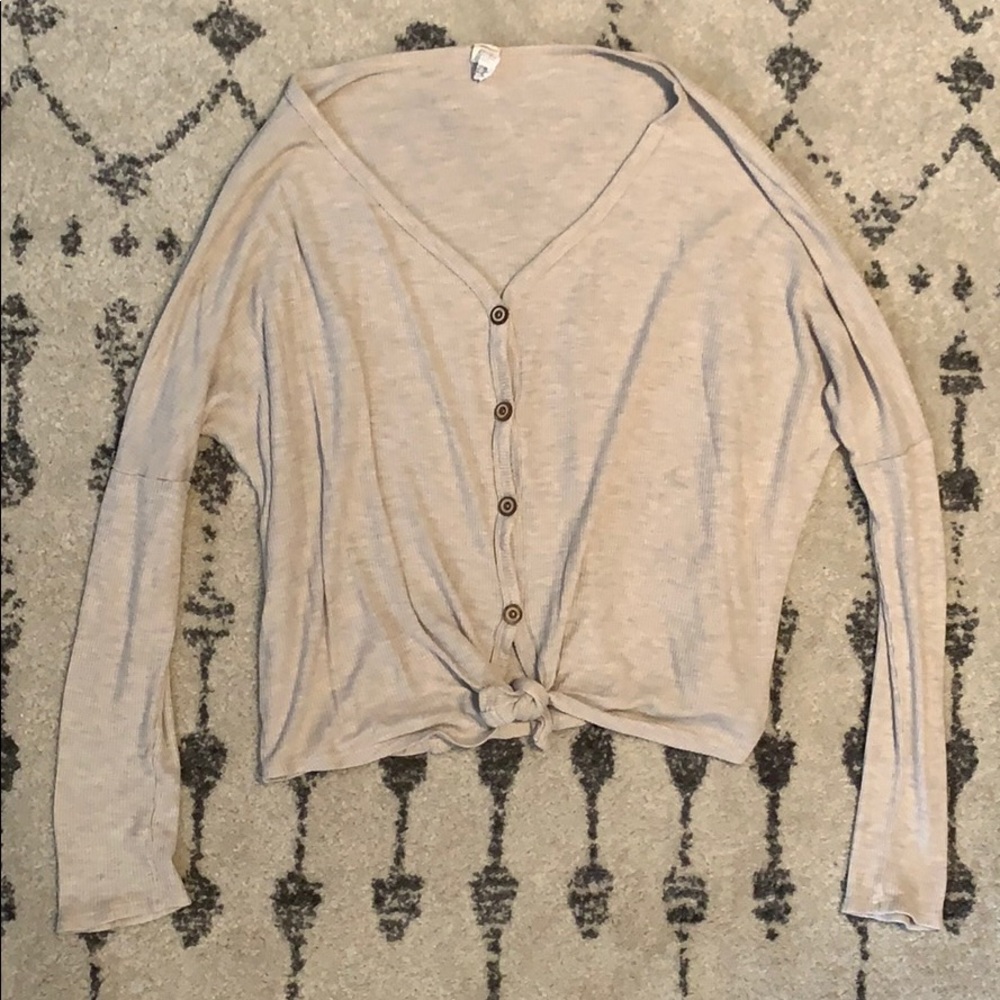Waffle knit, button up, tie blouse